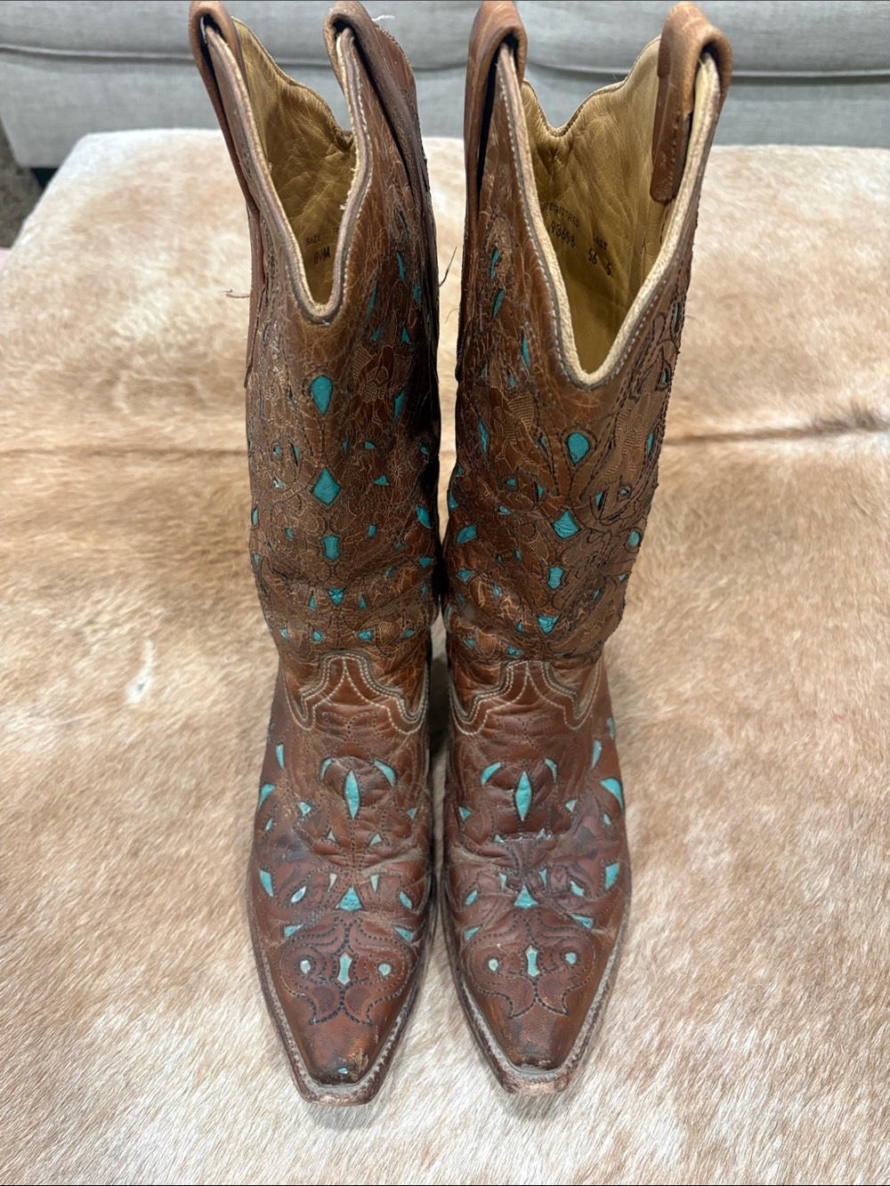 Brown Leather Western Heeled Boots with Turquoise Inlay